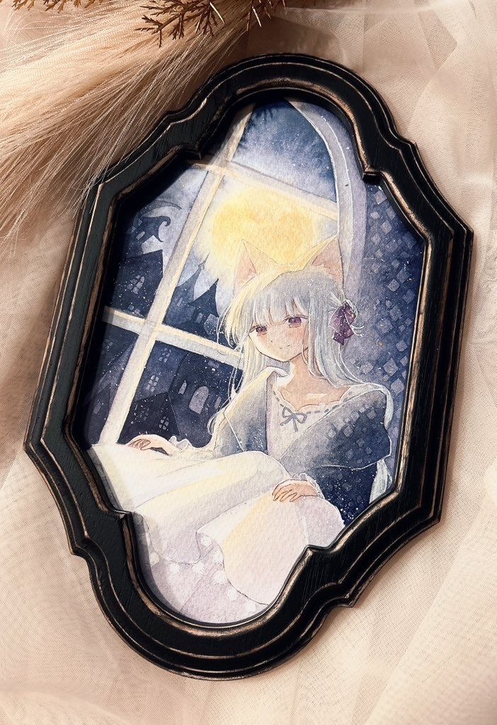 【月と猫は夜に語らう展作品】額装作品『きみが眠るまで』