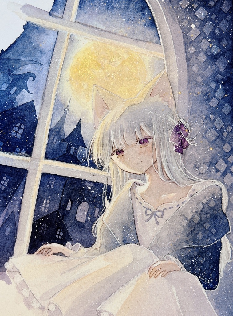 【月と猫は夜に語らう展作品】額装作品『きみが眠るまで』