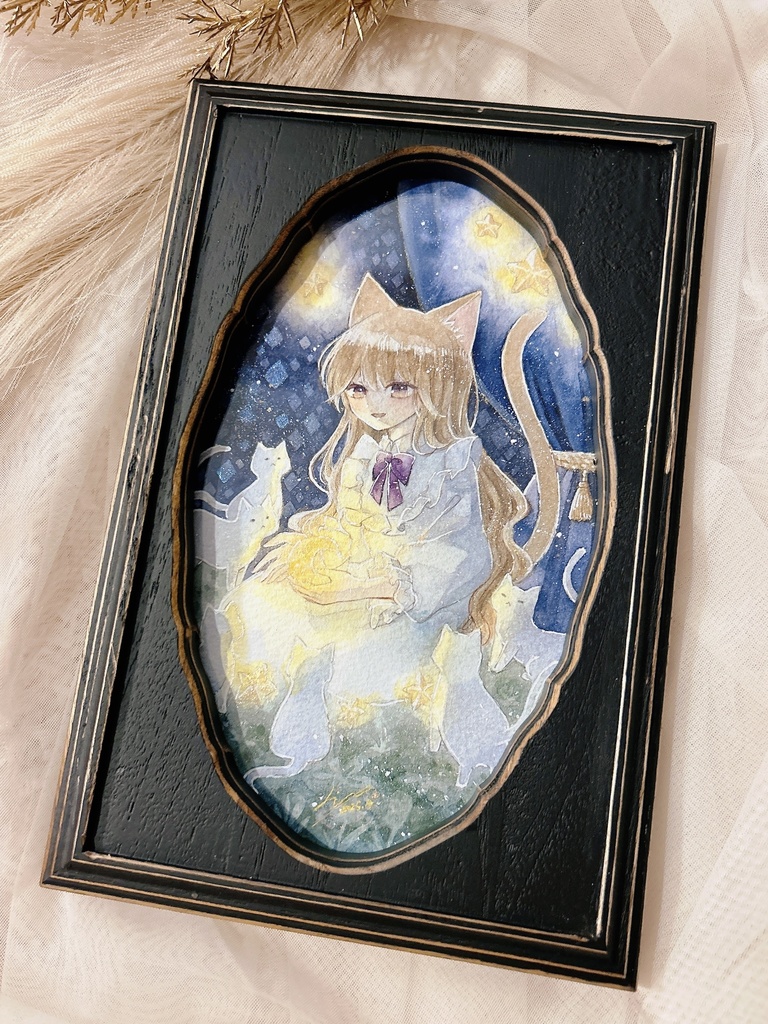 【月と猫は夜に語らう展作品】額装作品『眠る前にお話ひとつ』