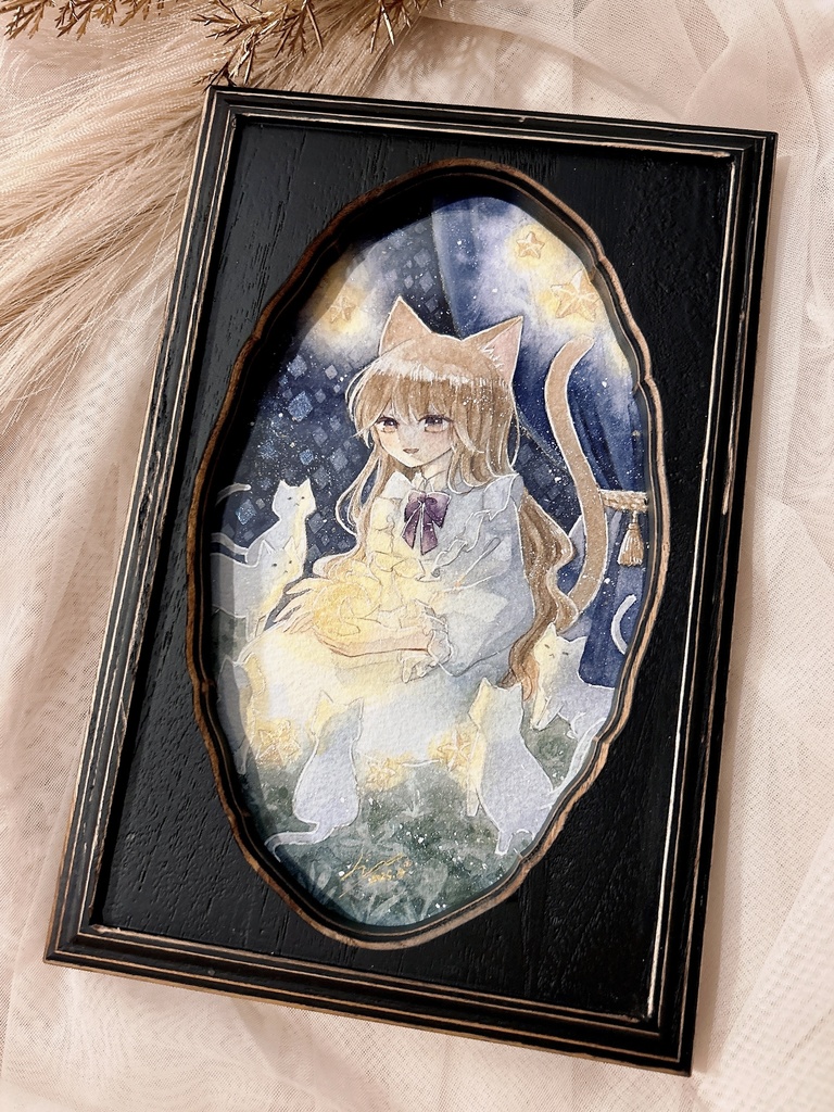 【月と猫は夜に語らう展作品】額装作品『眠る前にお話ひとつ』