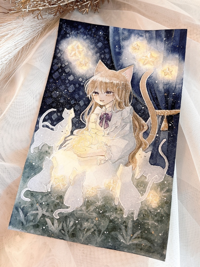 【月と猫は夜に語らう展作品】額装作品『眠る前にお話ひとつ』