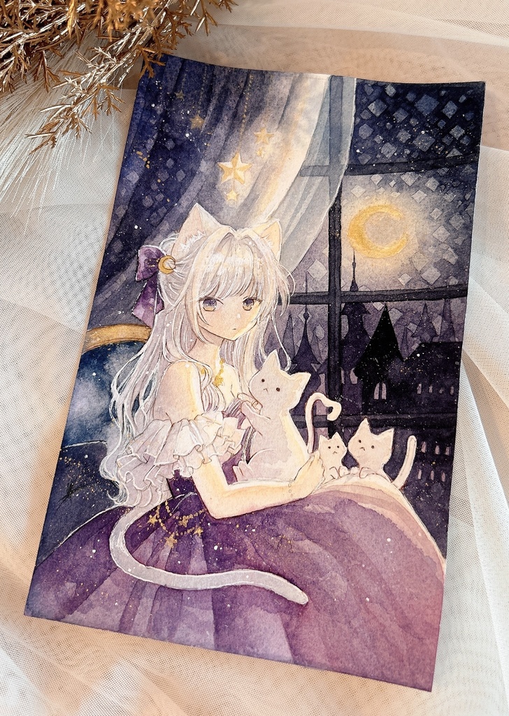 【月と猫は夜に語らう展作品】額装作品『今夜も聞かせて、外の世界のお話を』