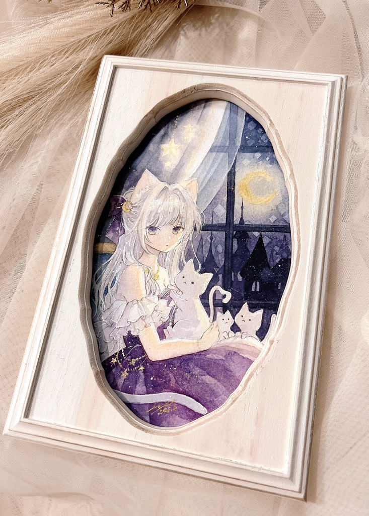 【月と猫は夜に語らう展作品】額装作品『今夜も聞かせて、外の世界のお話を』