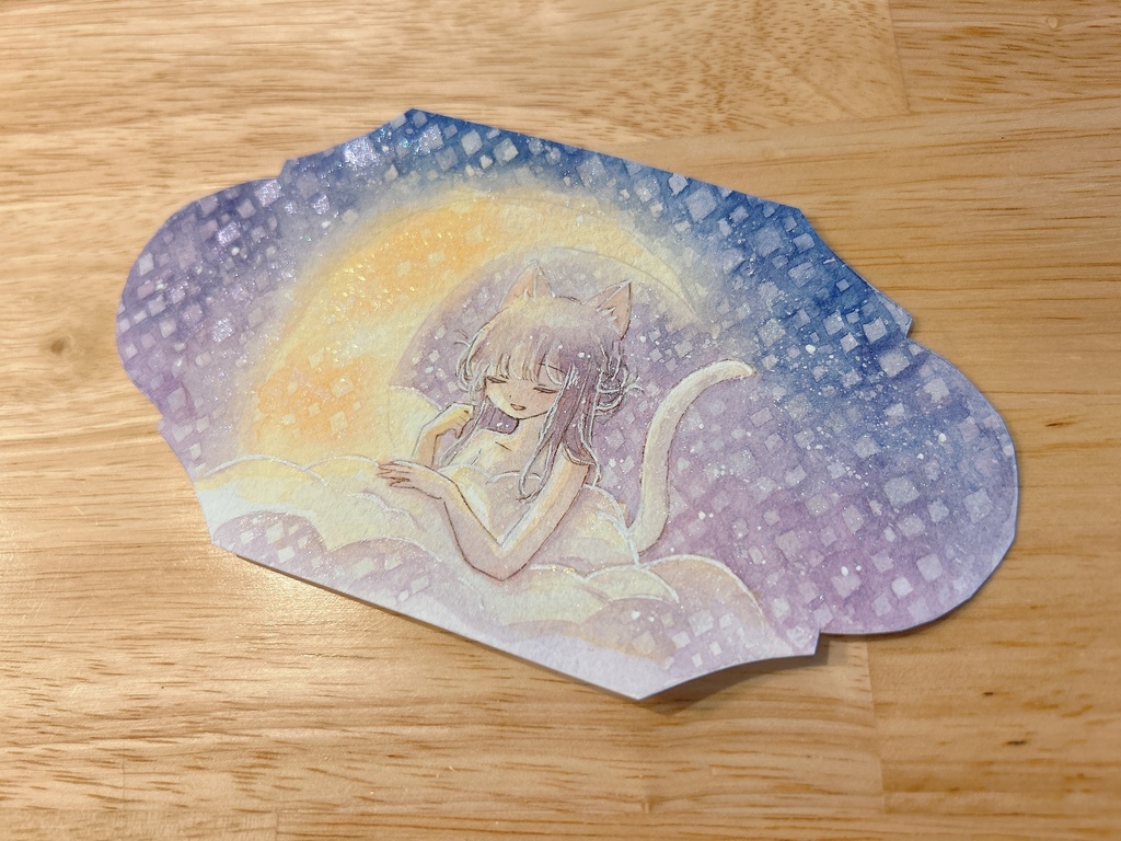 【月と猫は夜に語らう展作品】額装作品『月と猫のしずかな夜会』