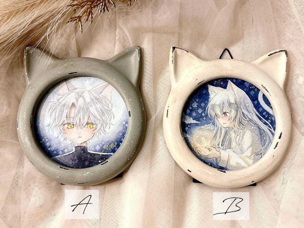 【月と猫は夜に語らう展作品】額装作品『月光』『あたたかい光』　計2点