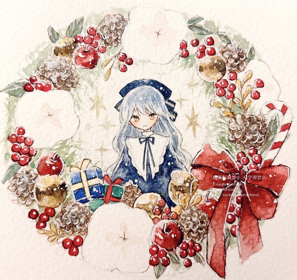 クリスマスリースと女の子 (りんごとプレゼント)