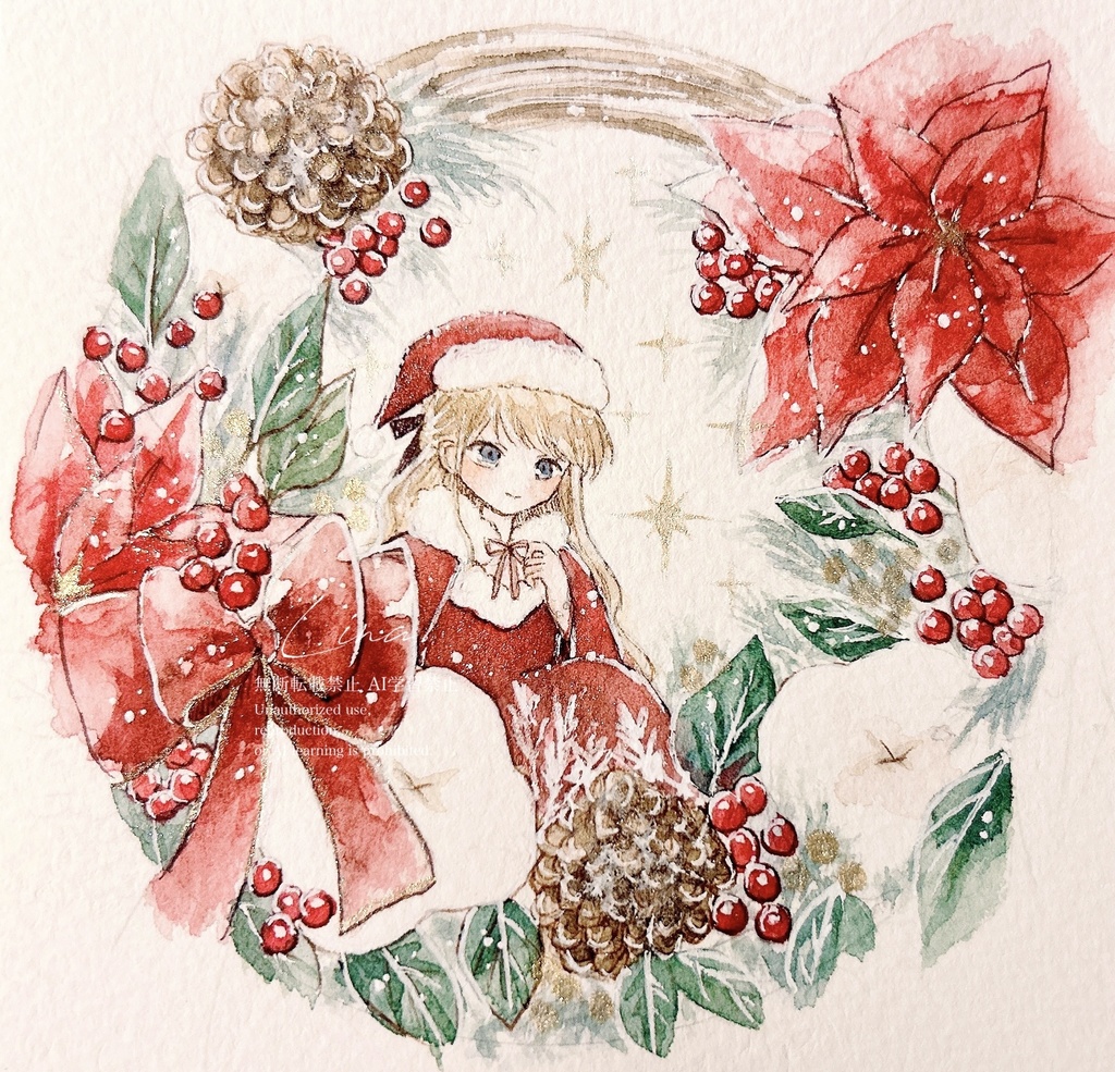 クリスマスリースと女の子(ポインセチア・サンタ服)