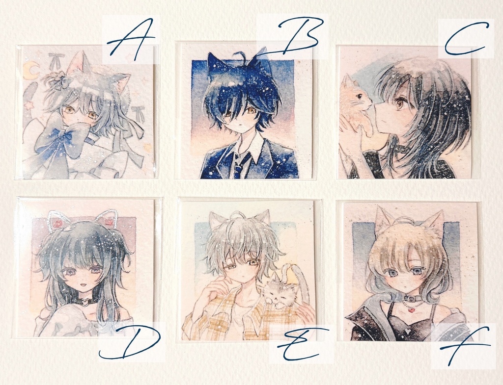 【新作】猫の複製ミニ原画(送料無料) 6種 + セット売りあり