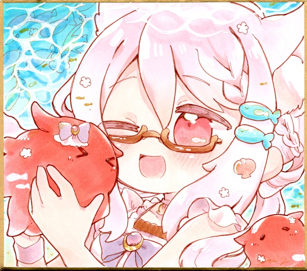【ミニ色紙原画】めんだこ姉妹とうみ