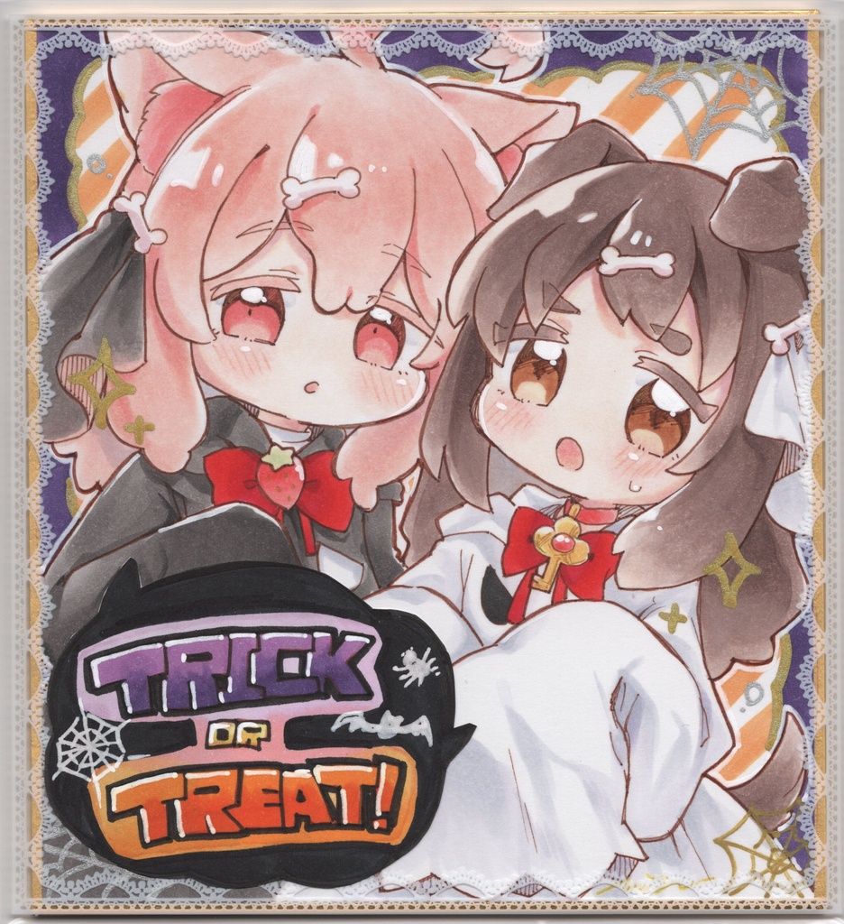 【ミニ色紙原画】いちご&ぽち ハロウィンver.