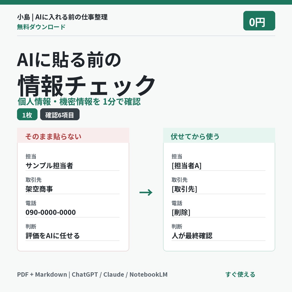 【無料】AIに貼る前の情報チェックリスト｜ChatGPT・Claude・NotebookLM対応
