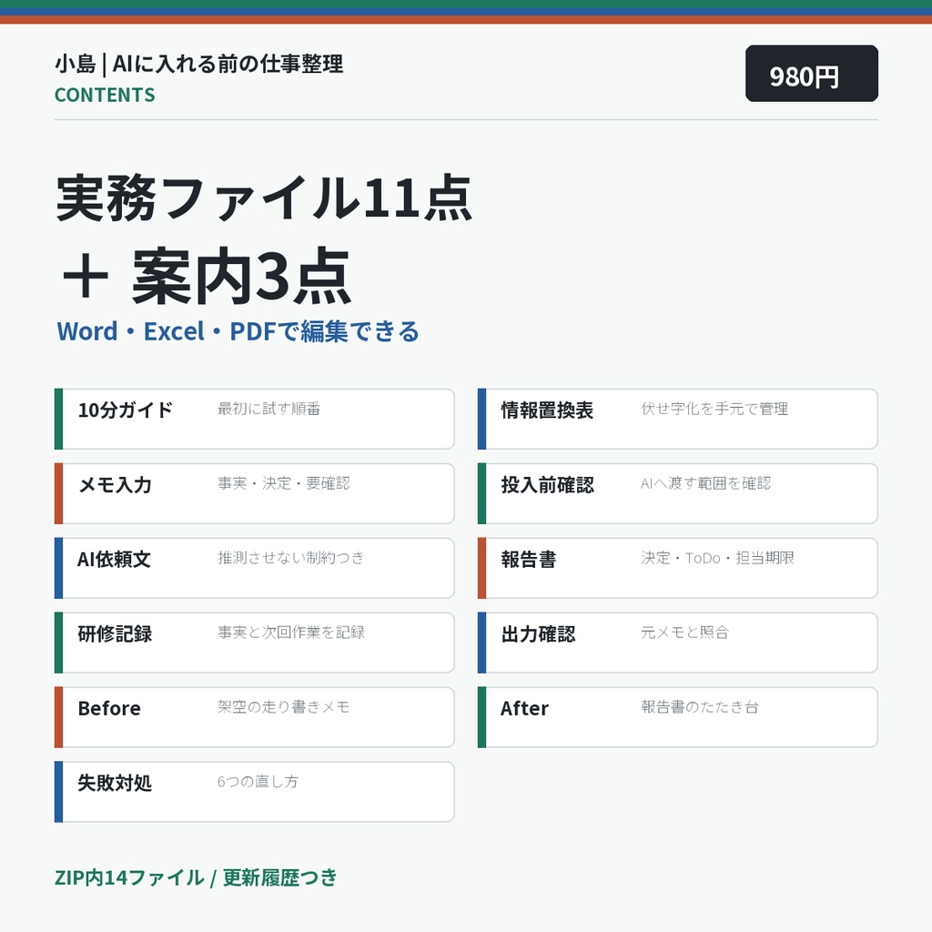 会議メモ→報告書 AI整理実務キット|架空例・決定事項・ToDo・確認表