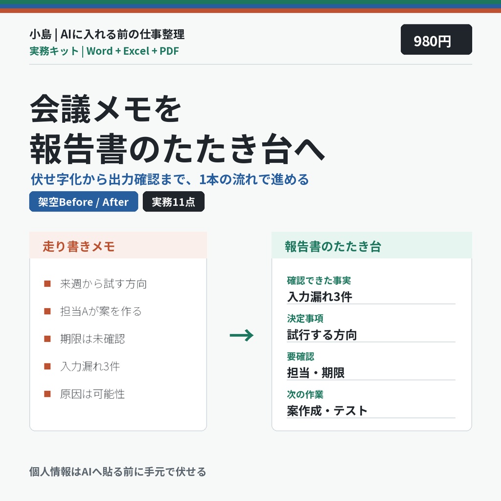 会議メモ→報告書 AI整理実務キット|架空例・決定事項・ToDo・確認表