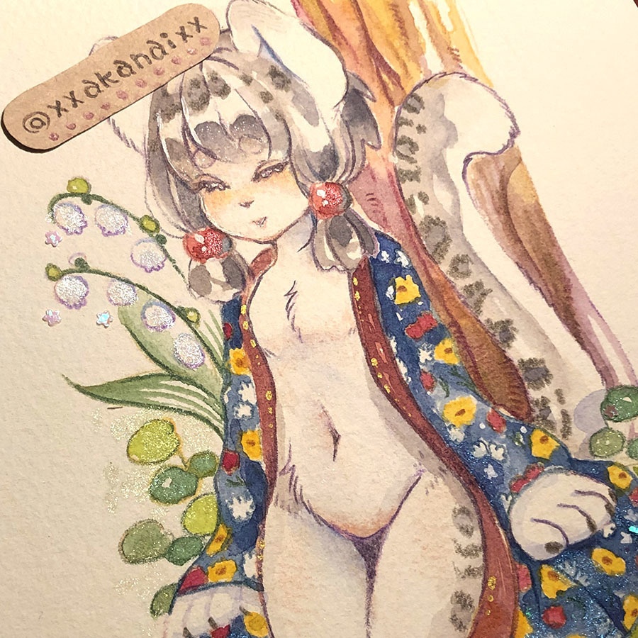 花柄の着物【水彩原画】