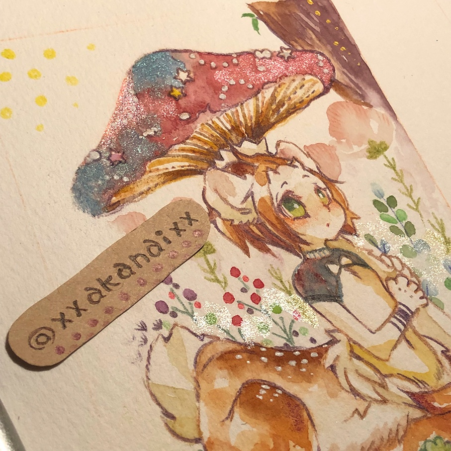 ポルカと大きなきのこのかさ【水彩原画】