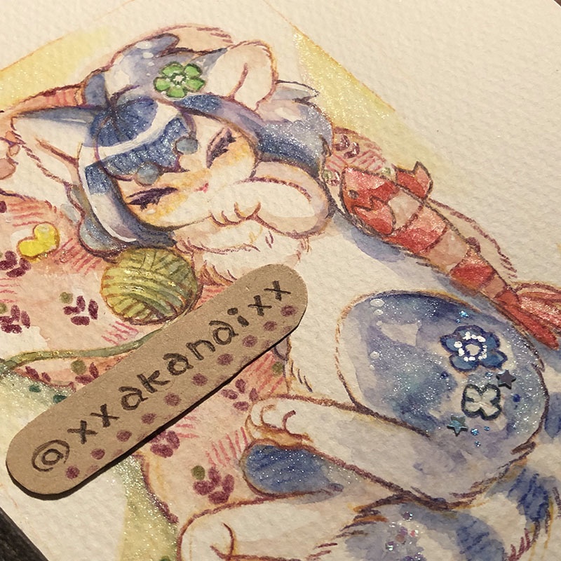 すやすやネコちゃん/ブルー【水彩原画】