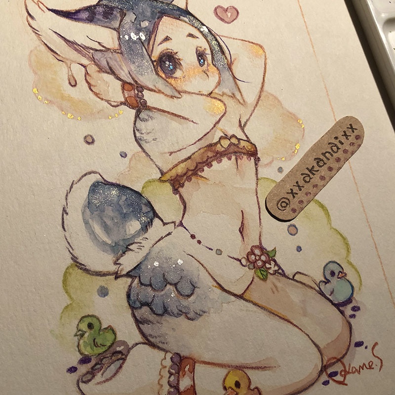 水浴び【水彩原画】