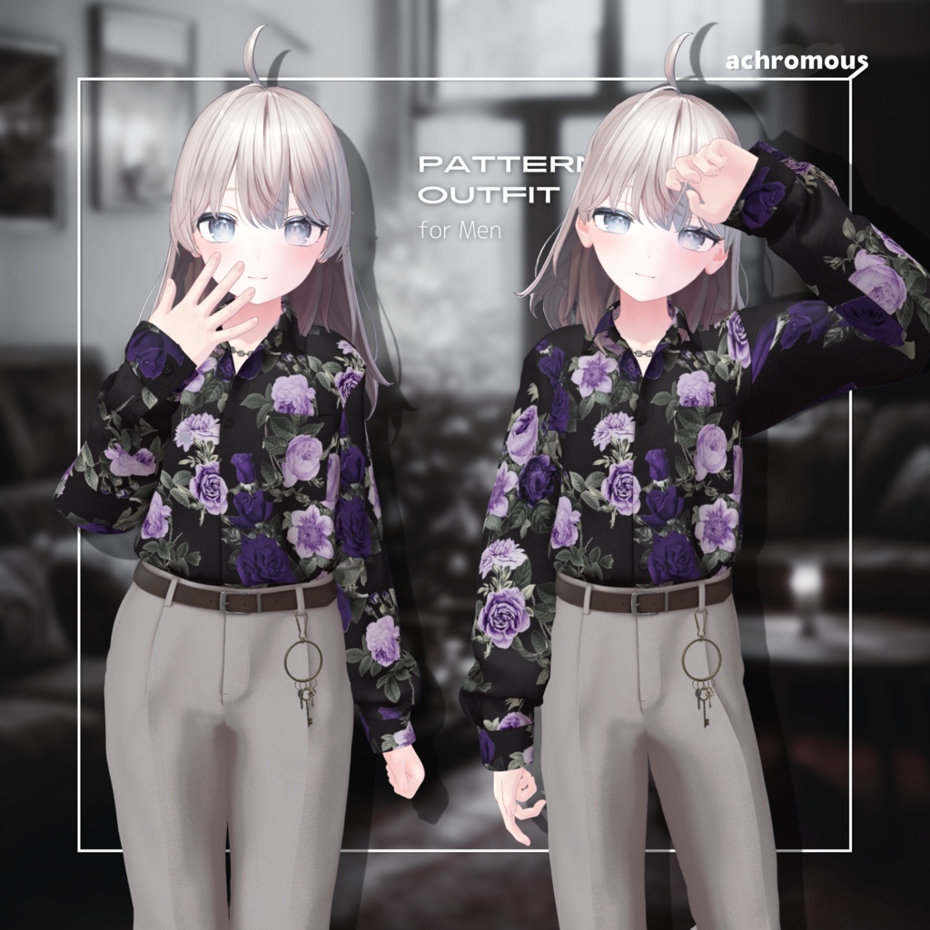 【6アバター対応】 オーバーサイズ柄シャツタックインコーデ