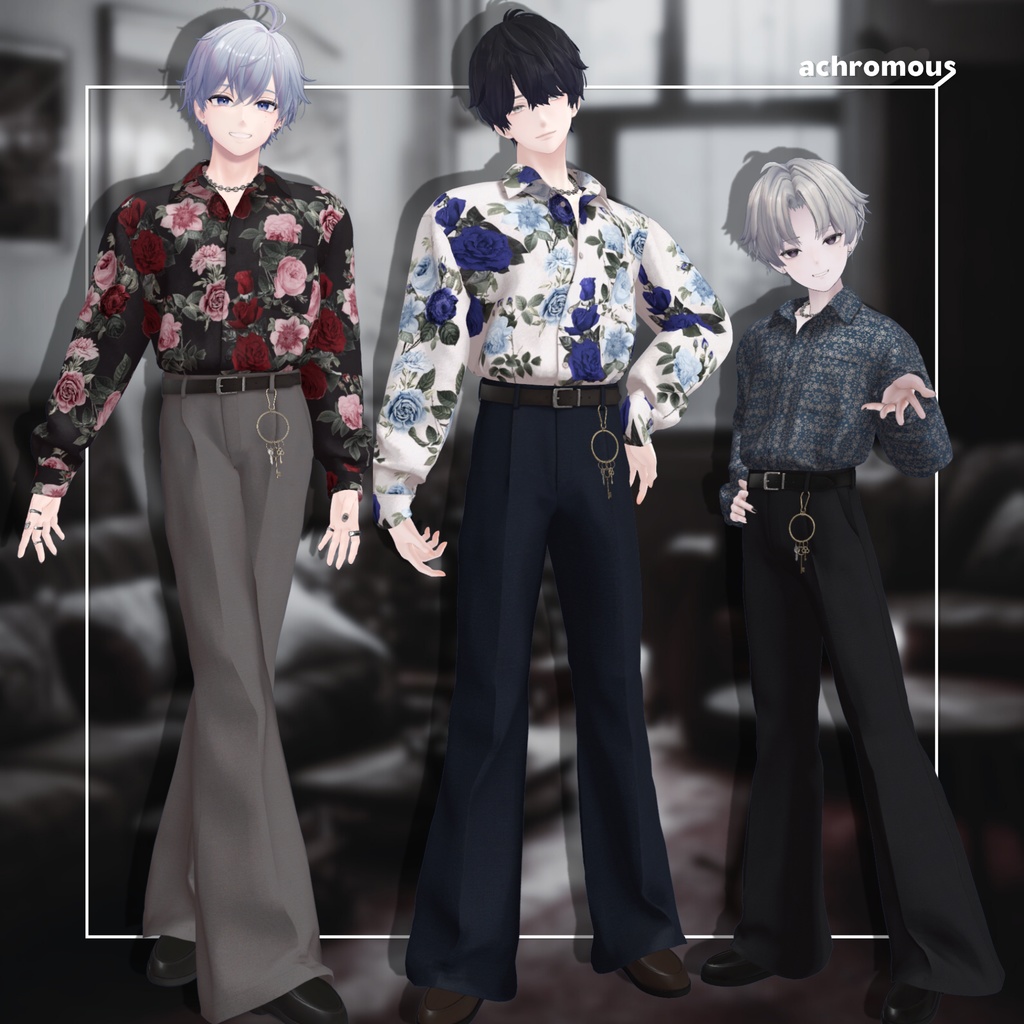 【6アバター対応】 オーバーサイズ柄シャツタックインコーデ