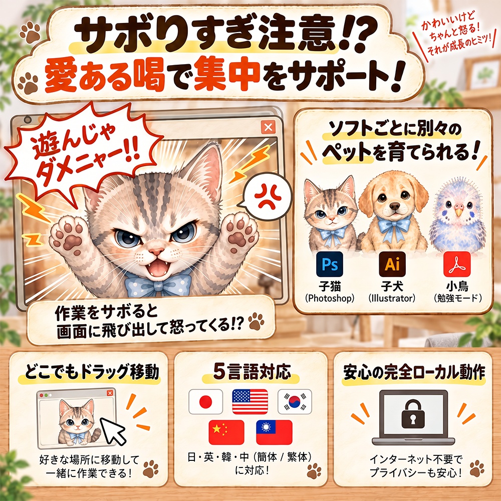 【Win11用】Learn with Pets 〜作業を見守るデスクトップペット〜【作業連動・集中サポート】