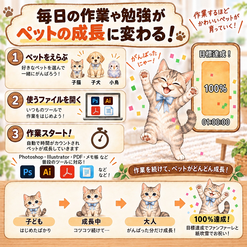 【Win11用】Learn with Pets 〜作業を見守るデスクトップペット〜【作業連動・集中サポート】