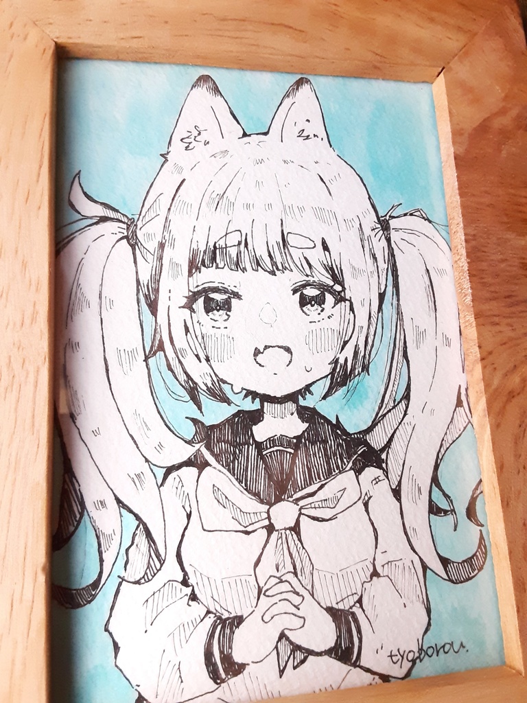 【額付き】アナログ原画 セーラー服ねこちゃん