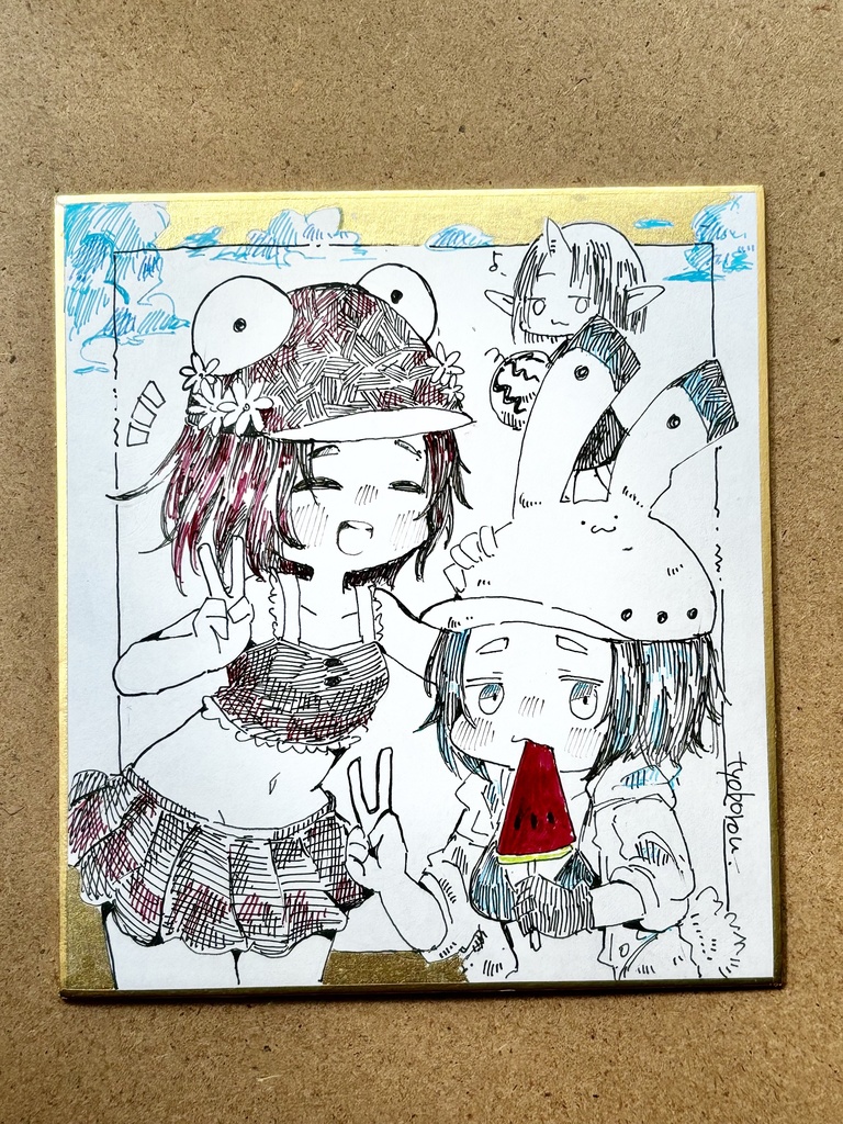【色紙】うさぎとペンギン原画　夏合宿2024
