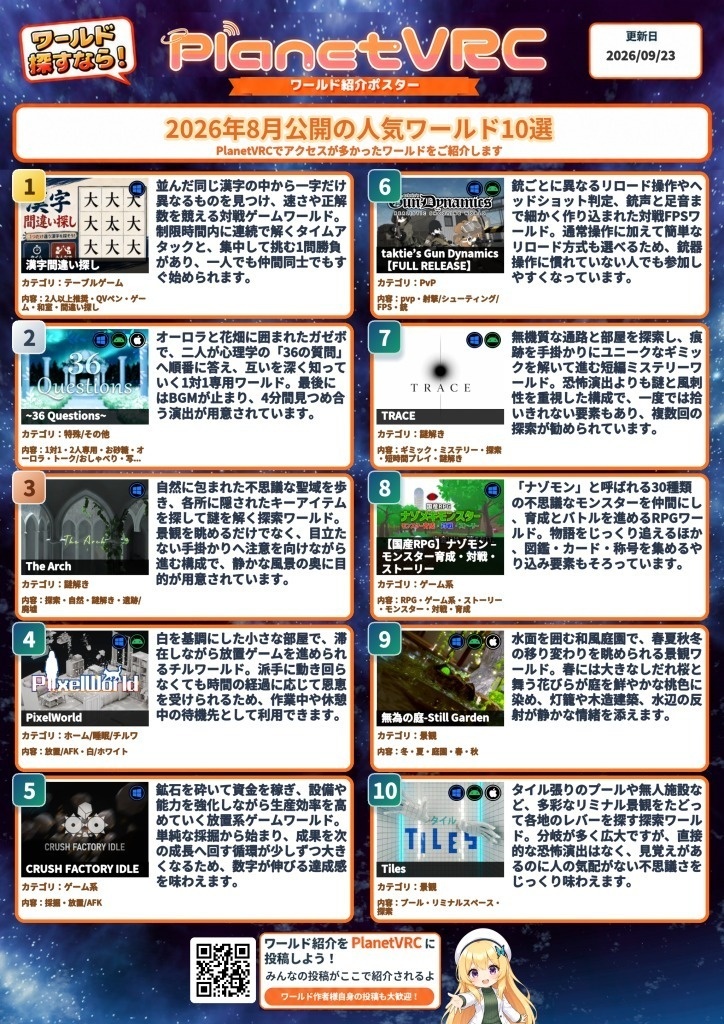 【VRChat自動更新ポスター】PlanetVRC ワールド紹介ポスター