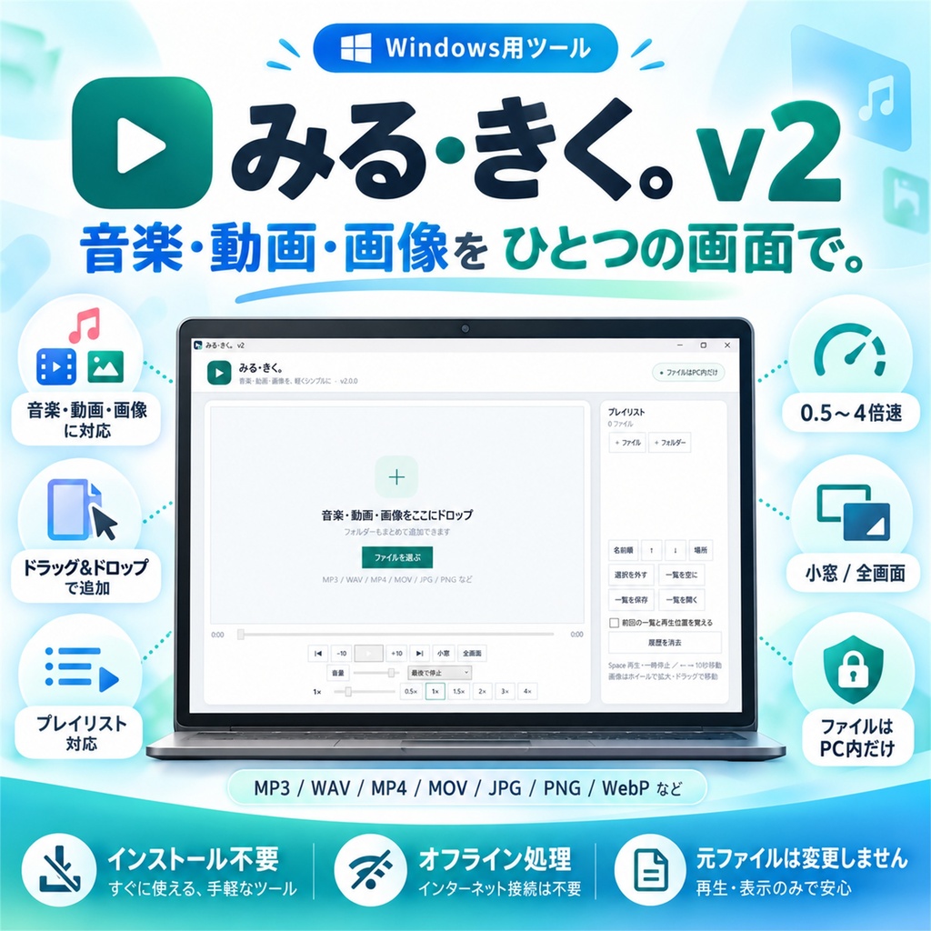 みる・きく。v2.0.0｜画像・音楽・動画をまとめて確認【Windows／WebP・倍速・続き再生】