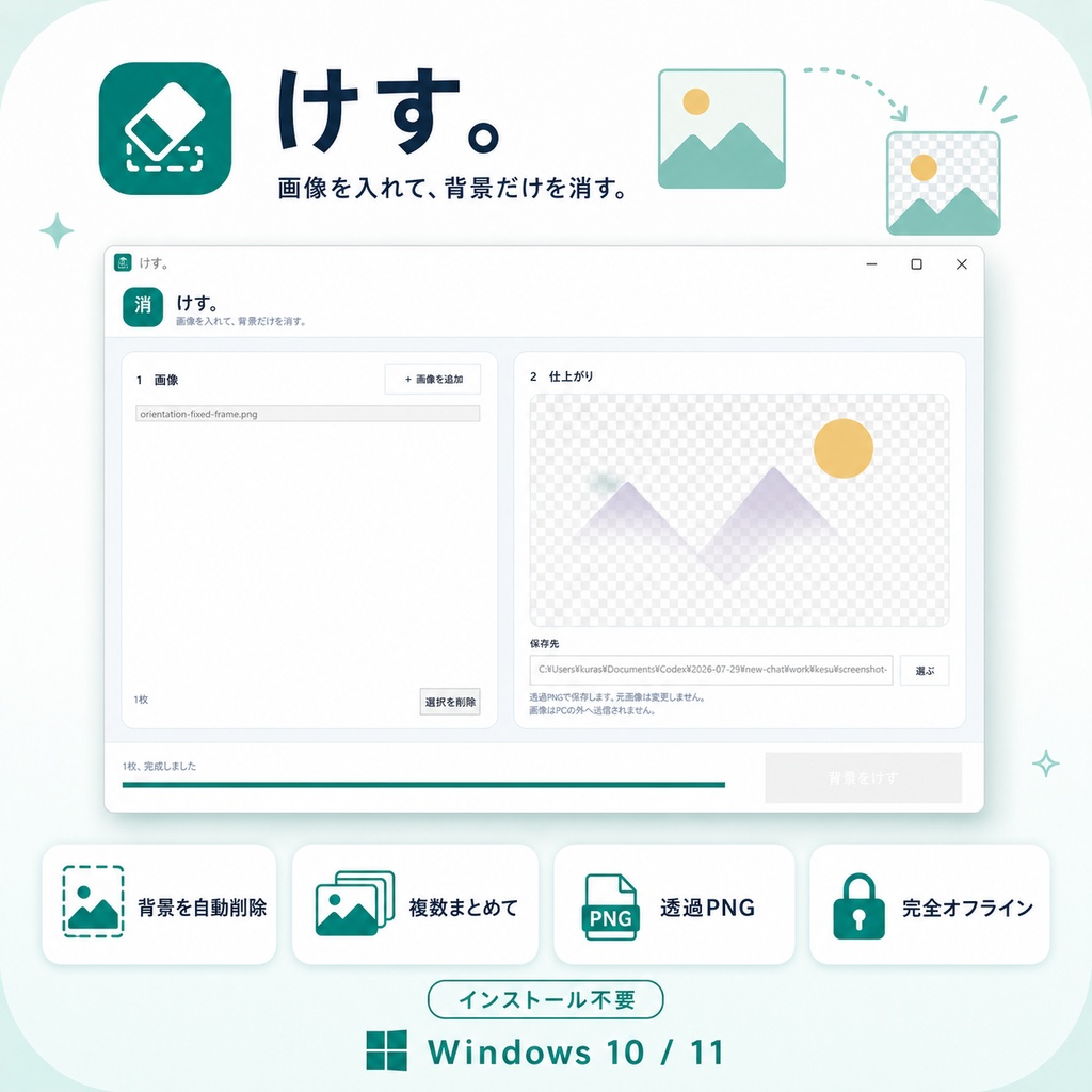「けす。|画像の背景を自動削除・透過PNGにするツール【Windows】」