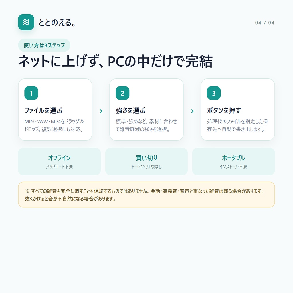 ととのえる。|MP3・WAV・MP4の雑音軽減ツール【オフライン・インストール不要】
