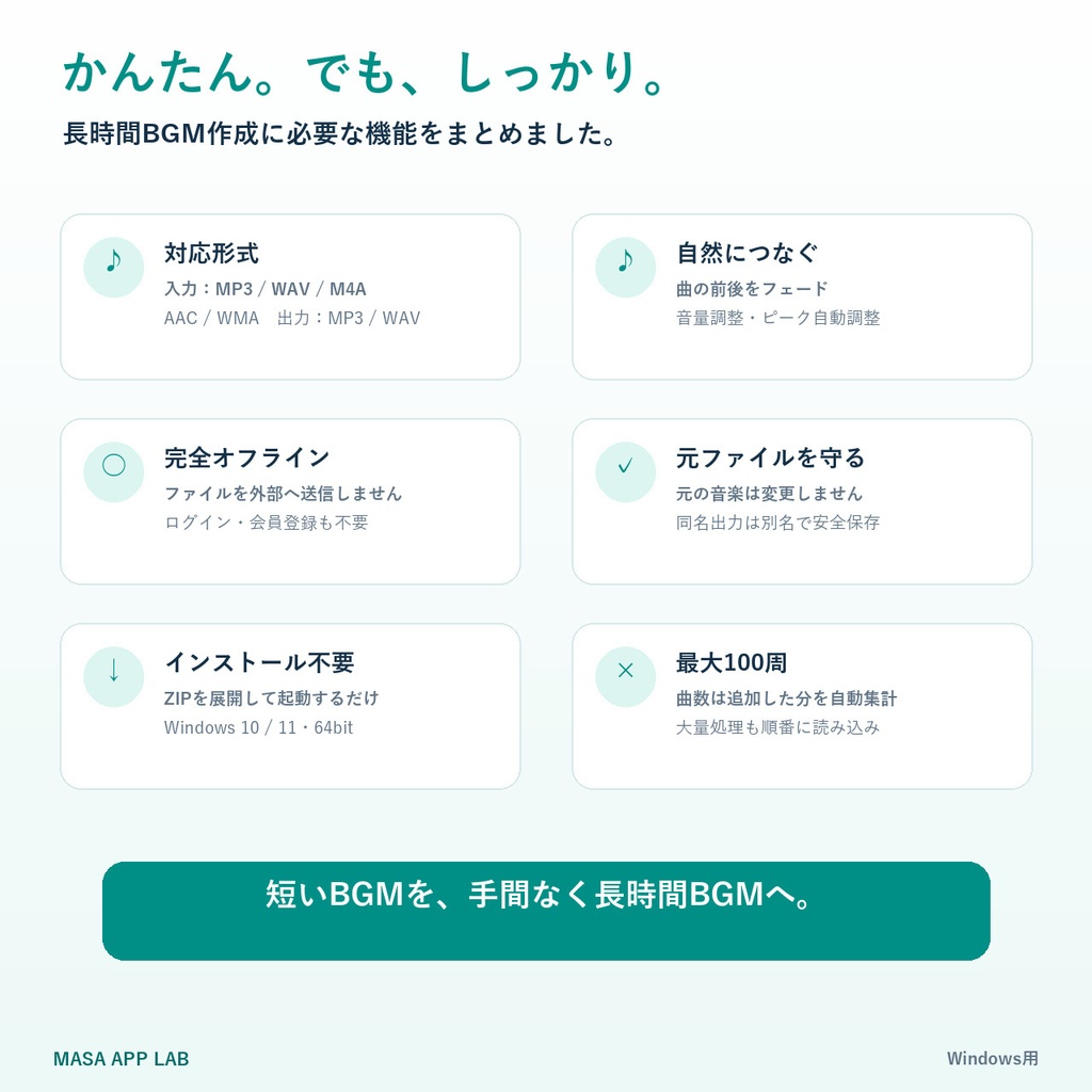 【長時間BGMを自動作成】音楽を毎周ランダムに並べて繰り返し結合|Windowsツール「まぜる。」
