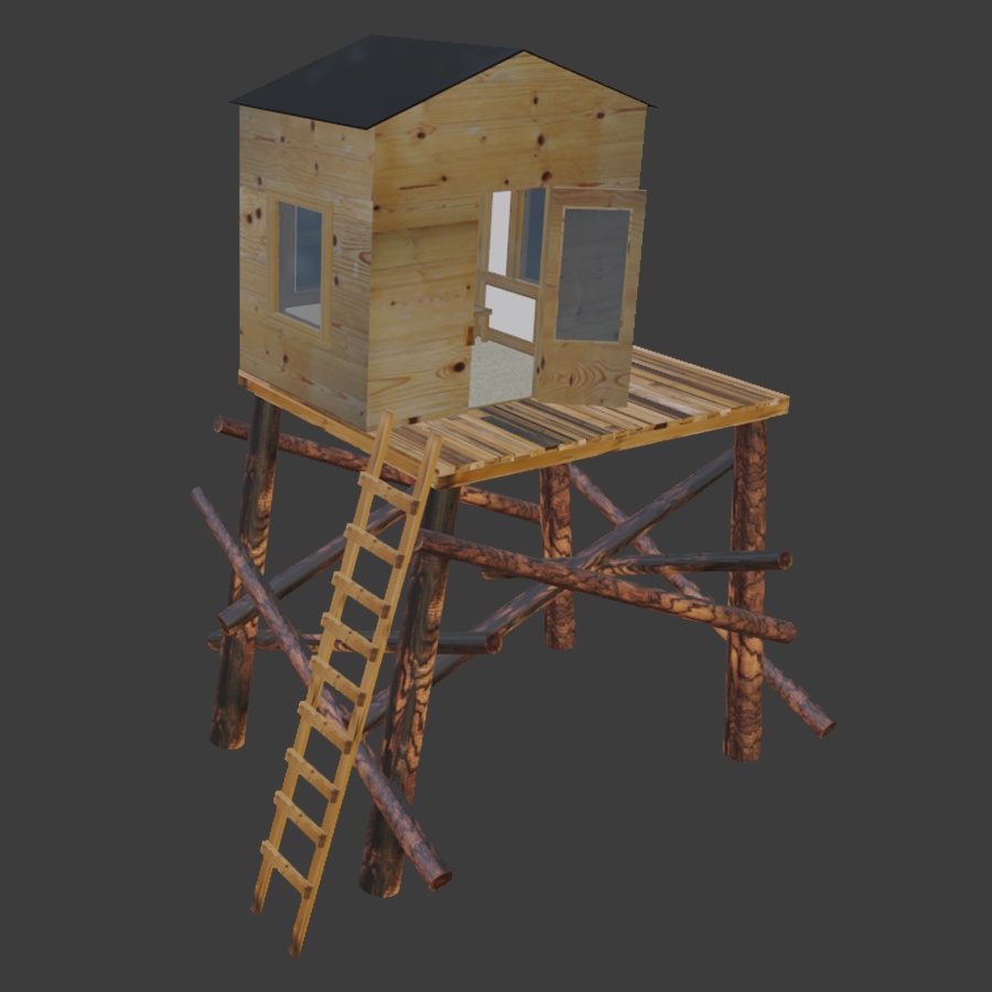 Watchtower Hunting Tree Cache Cabin Treehouse Building 3D Blender FBX VRCHAT PROP