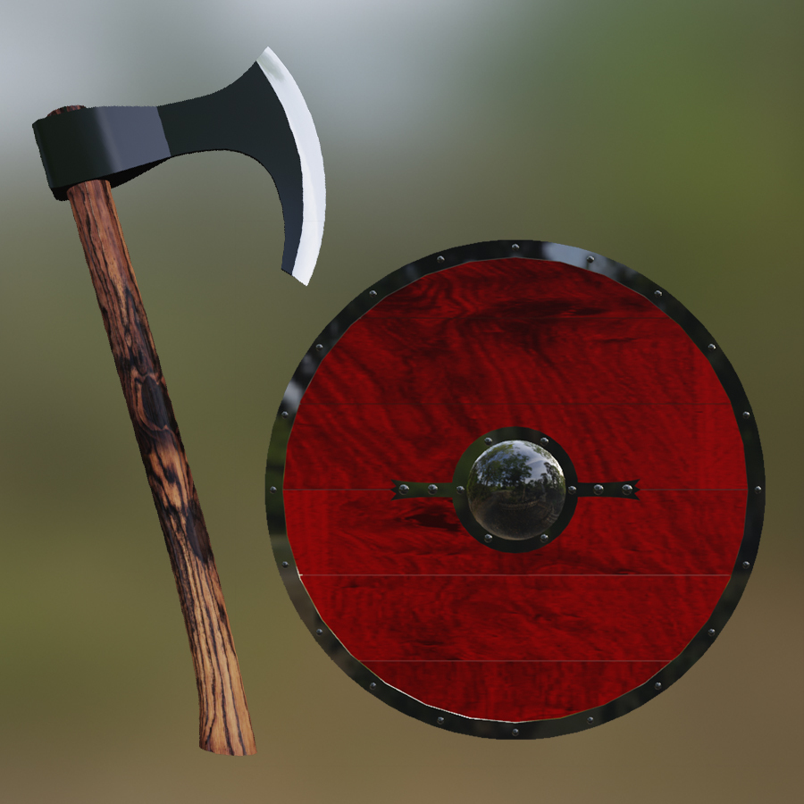 COMBO Skeggox Bearded Axe Skjold Shield Vikings Weapon Steel Wood Medieval Blacksmith Melee 3D Blender FBX VRCHAT PROP