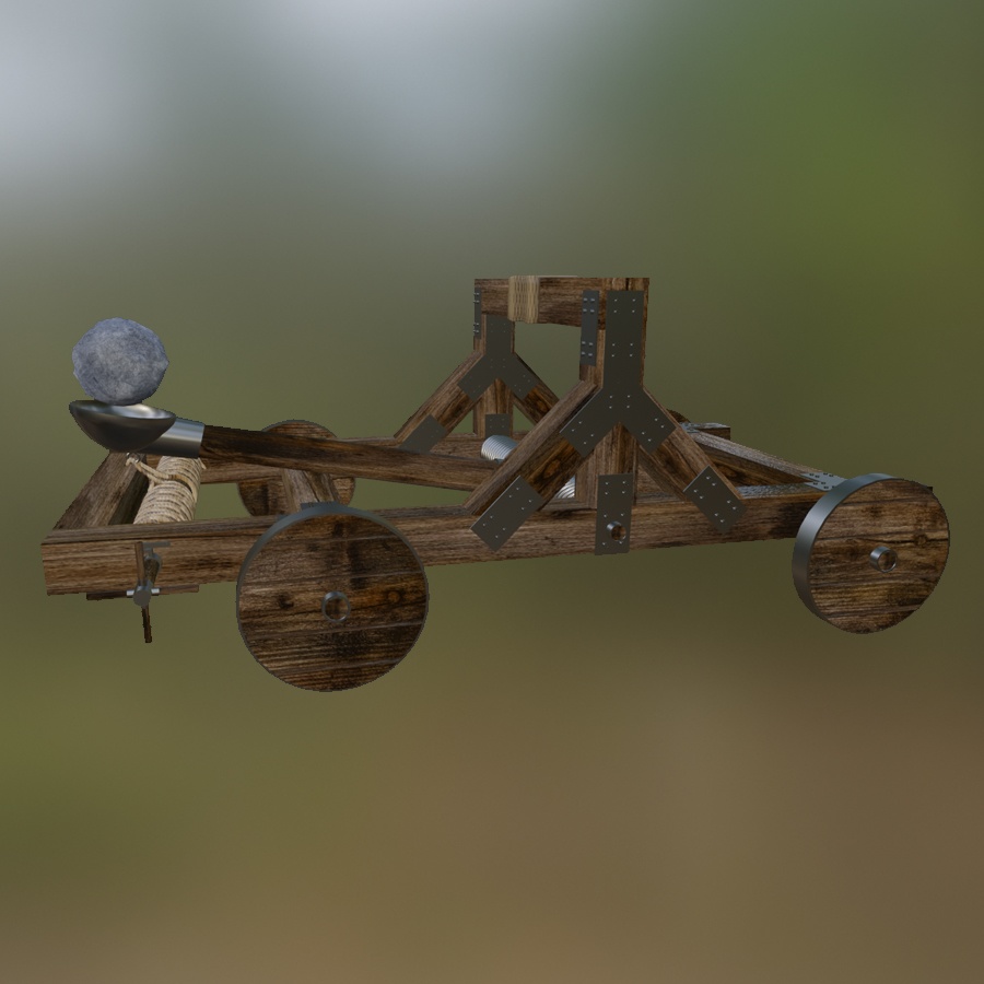 Catapult Boulder Weapon Heavy Fling Medieval Steel Metal Wood Rope Spring Artillery Siege Blacksmith Woodworking Vehicle Machinery 3D Blender FBX VRCHAT PROP