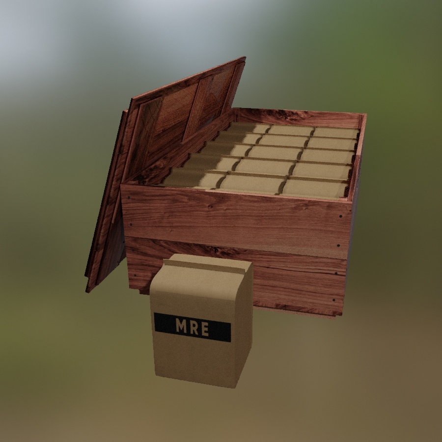 Military Care Package PACK Supply Crate Parachute Ammo Meds MRE Wooden Boxes TAG Pallet Smoke Grenade Signal 3D Blender FBX VRCHAT PROP