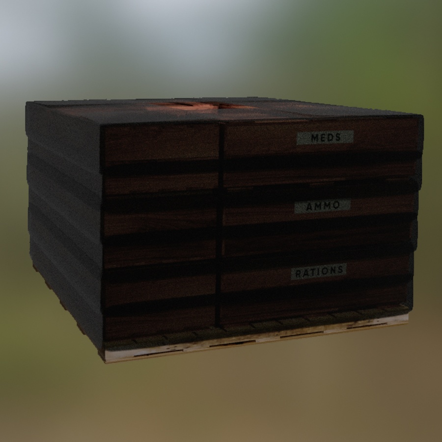 Military Care Package PACK Supply Crate Parachute Ammo Meds MRE Wooden Boxes TAG Pallet Smoke Grenade Signal 3D Blender FBX VRCHAT PROP