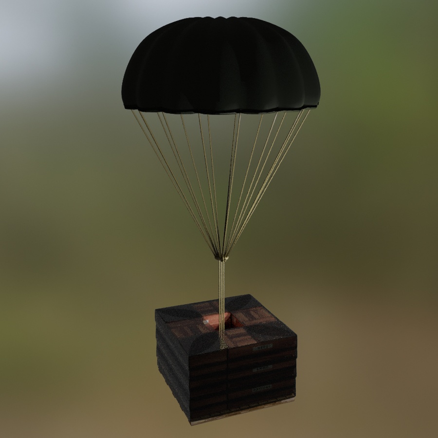 Military Care Package PACK Supply Crate Parachute Ammo Meds MRE Wooden Boxes TAG Pallet Smoke Grenade Signal 3D Blender FBX VRCHAT PROP