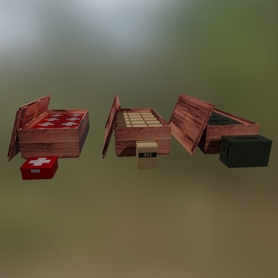 Military Care Package PACK Supply Crate Parachute Ammo Meds MRE Wooden Boxes TAG Pallet Smoke Grenade Signal 3D Blender FBX VRCHAT PROP