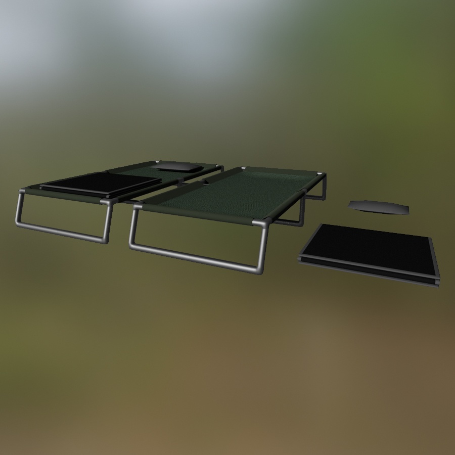 Military Campsite Tent Sleeping Bag Table Bed Bedsheet Pillow Seat Foldable Cloth 3D Blender FBX VRCHAT PROP