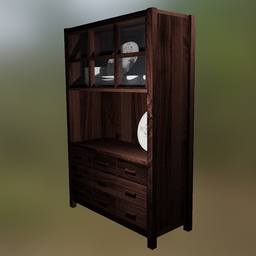 Buffet Furniture Wood Kitchen Dining Room Woodworking Dish Bowl Plate Cup Coffee Tea Saucer Golden Ceramic 3D Blender FBX VRCHAT PROP