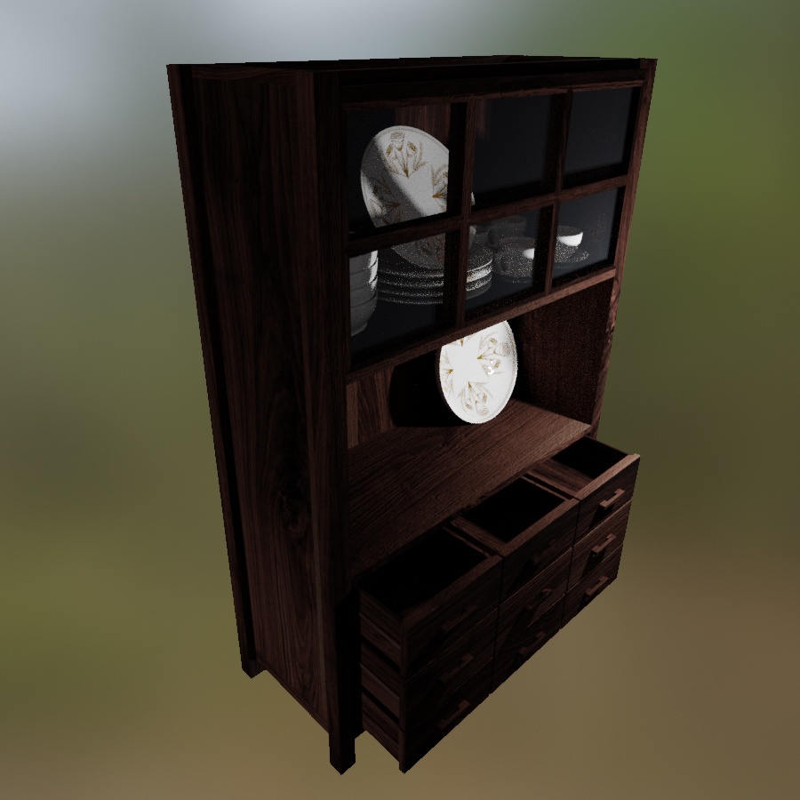 Buffet Furniture Wood Kitchen Dining Room Woodworking Dish Bowl Plate Cup Coffee Tea Saucer Golden Ceramic 3D Blender FBX VRCHAT PROP