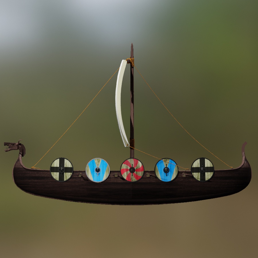 Drakkar Viking Boat Dragon Sea Serpent Head Wood Ship Sail V Shield skjöldr Anchor Elk Pelt 3D Blender FBX VRCHAT PROP