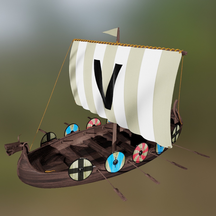 Drakkar Viking Boat Dragon Sea Serpent Head Wood Ship Sail V Shield skjöldr Anchor Elk Pelt 3D Blender FBX VRCHAT PROP