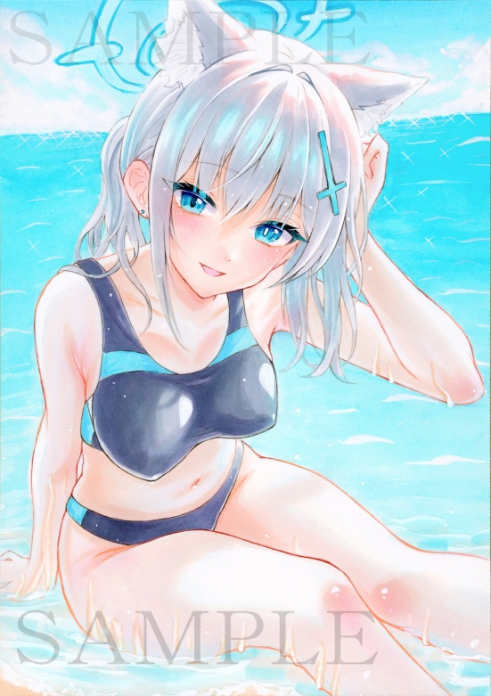 同人手描きイラスト 【砂狼シロコ】ブルーアーカイブ アナログイラスト ブルアカ 原画 水着 コピック 水彩画