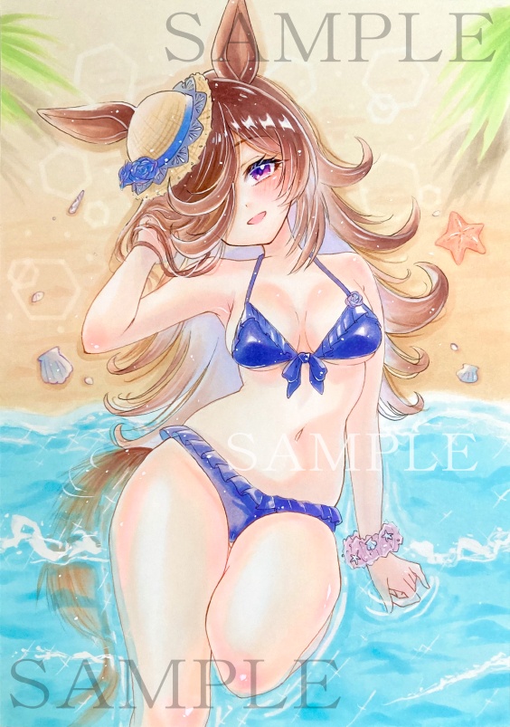 同人手描きイラスト 【ライスシャワー】ウマ娘プリティーダービー アナログイラスト 原画 水着 コピック 水彩画