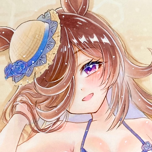 同人手描きイラスト 【ライスシャワー】ウマ娘プリティーダービー アナログイラスト 原画 水着 コピック 水彩画
