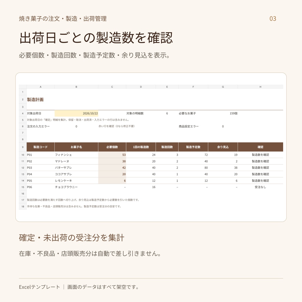 焼き菓子の注文・製造・出荷管理|Excelテンプレート