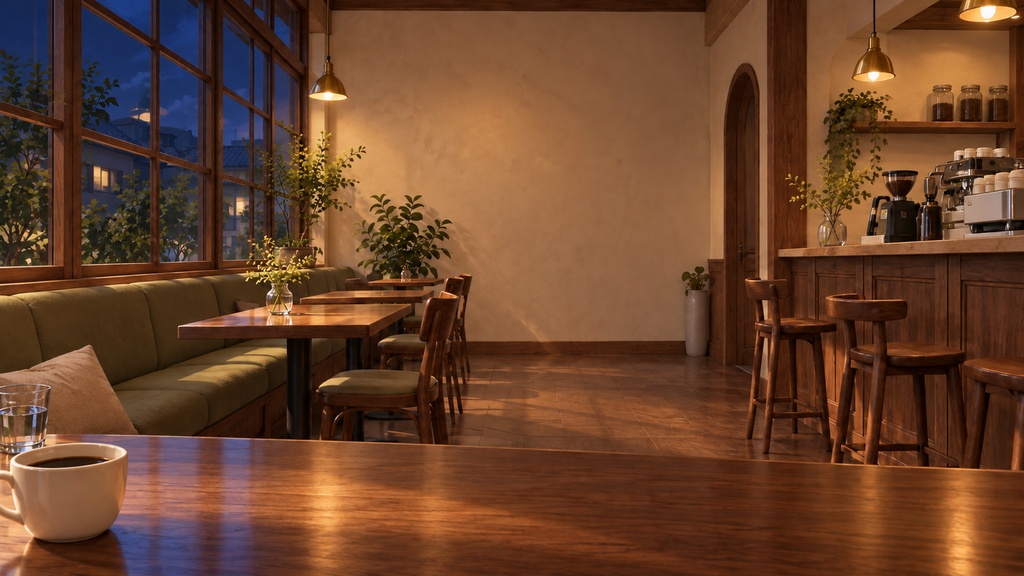 【背景素材4枚】CAFE HOURS|朝・夕方・夜・雨のカフェ|配信・動画向け