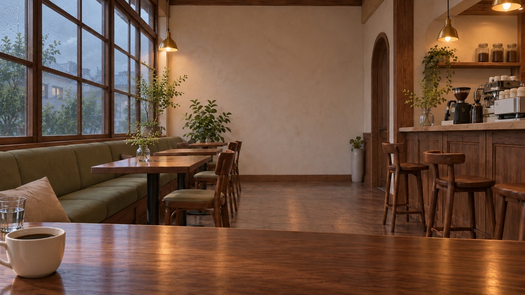 【背景素材4枚】CAFE HOURS|朝・夕方・夜・雨のカフェ|配信・動画向け